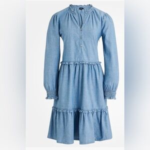 J.CREW Chambray Denim Dress Jean Ruffle Long Smocked Sleeve 6.  1390